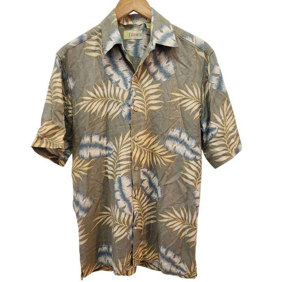 Cubavera silk button front short sleeveshirt olive plaid palm leaf print small - Picture 1 of 7